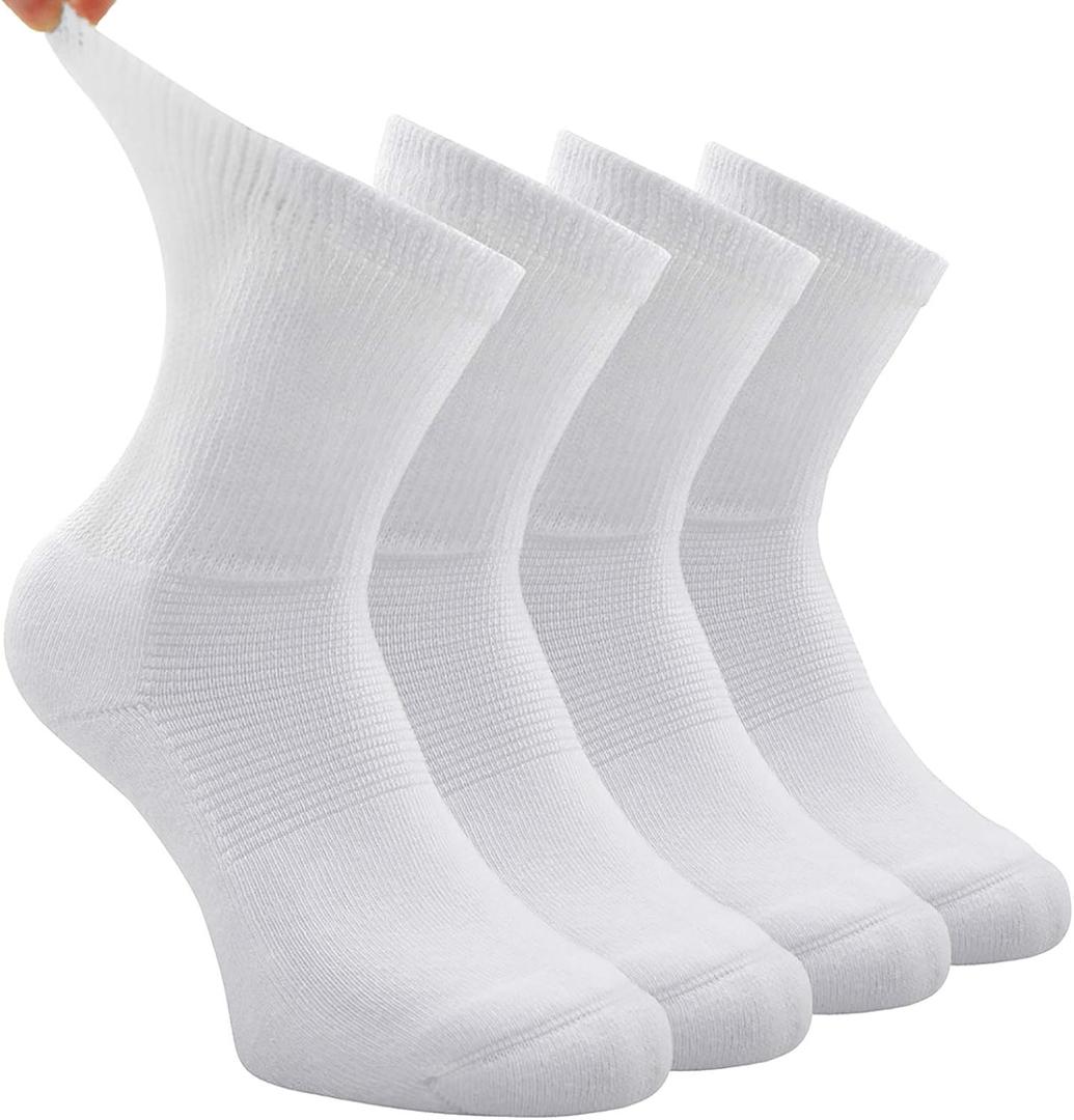 Busy Socks 4 Pack Non-binding Diabetic Socks for Men Women, Loose Top Crew Cotton Thick Cushion Socks (Large-X-Large, 4 Pairs White)