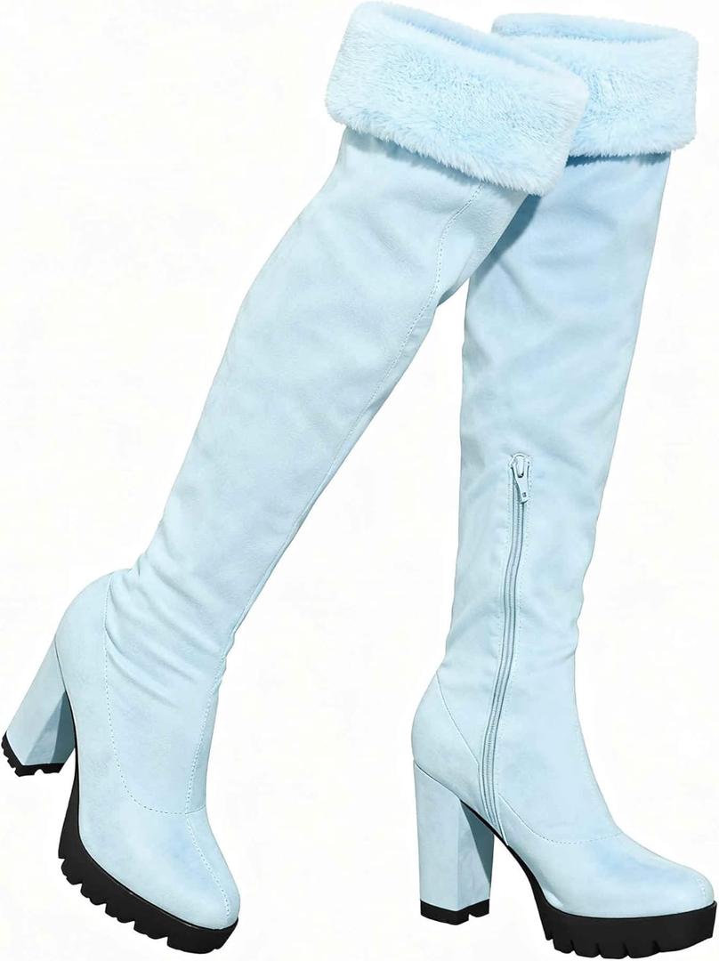Allegra K Women's Platform Faux Fur Zipper Chunky Heel Sky Blue Over Knee Thigh High Boots 7 M US
