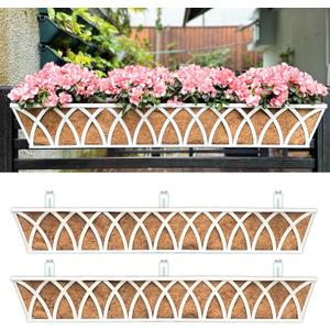 LaLaGreen Deck Railing Planter (2 Pack, 48") Extra Large Wall Mounted Hanging Planters with Coco Liner, White Metal Rectangular Window Box for Outdoor Plants Garden Fence Balcony Porch Patio Decor