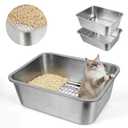 Stainless Steel Sifting Litter Box with Sifter,Metal Cat Sifting Litter Box for Pine Pellets,High Side to Prevent Litter Tracking for Big Cat Multi Cats,Anti-Urine Leakage,Easy Cleaning,Less Tracking