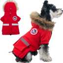 PINA Small Dog Coats - Waterproof, Warm Winter Jacket with Faux Fur Hood & Pocket (S(Chest 17.7"), Red)