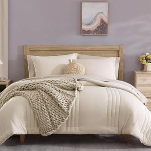 Monbix Queen Comforter Set - 7 Pieces Beige Bed in a Bag Queen Bedding Sets with Comforters, All Seasons Comforter Bed Set with Sheets,Pillowcases & Shams