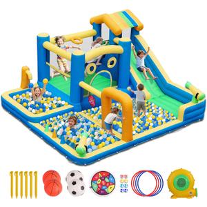 Bounce House Water Slide, 10 in 1 Inflatable Water Slide for Kids, Water Park with Blower, Water Gun, Jumping, Circle,Climbing Wall, Basketball Hoop, Blow Up Water Slides Backyard Outdoor Indoor