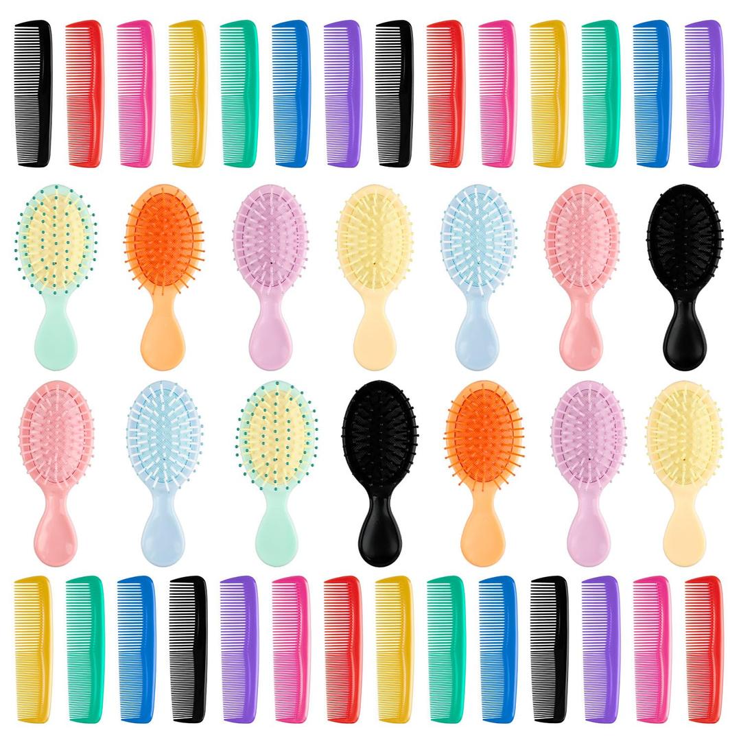 56PCS Mini Wet Hair Brush Comb Set, Mini Hair Brush, Bulk Hair Brushes, 28 Small Travel Detangling Pocket Brushes and 28 Colorful Plastic Combs for Girls Women(Stylish Color)
