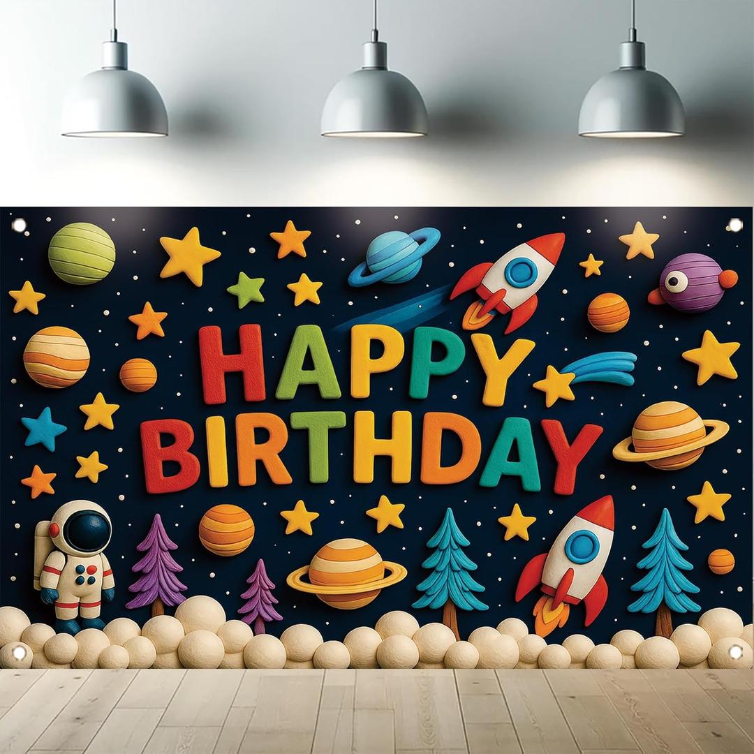 Space Happy Birthday Backdrop Banner Photography Background Party Decoration for Boy Girl Kids Baby Universe Planets Solar Galaxy Astronaut Photo Booth Supplies 71.8 X 43.3in