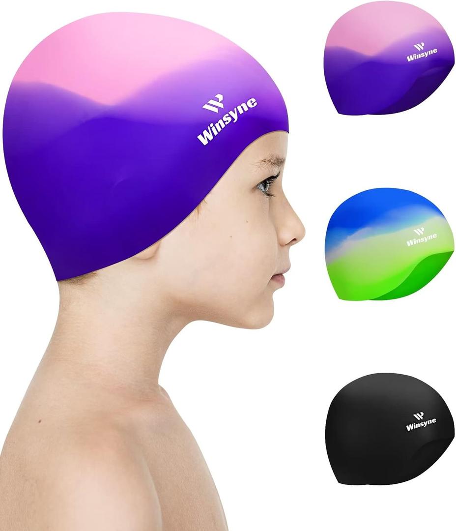 3 Pack Kids Swim Cap for Boys Girls, Unisex Silicone Swimming Caps for 3-15 Toddler Children Teen, Waterproof Bathing Caps for Short/Long Hair to Keep Hair Dry (Age 8-15, Color-02)