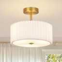 CLARSYNE Modern Semi Flush Mount Ceiling Light with Pleated Fabric Shade, 12.5” Drum Gold Light Fixture with Lights, Warm Black Linen Lamp for Bedroom, Living Room, Dining Room, Hallway, Kids Room,