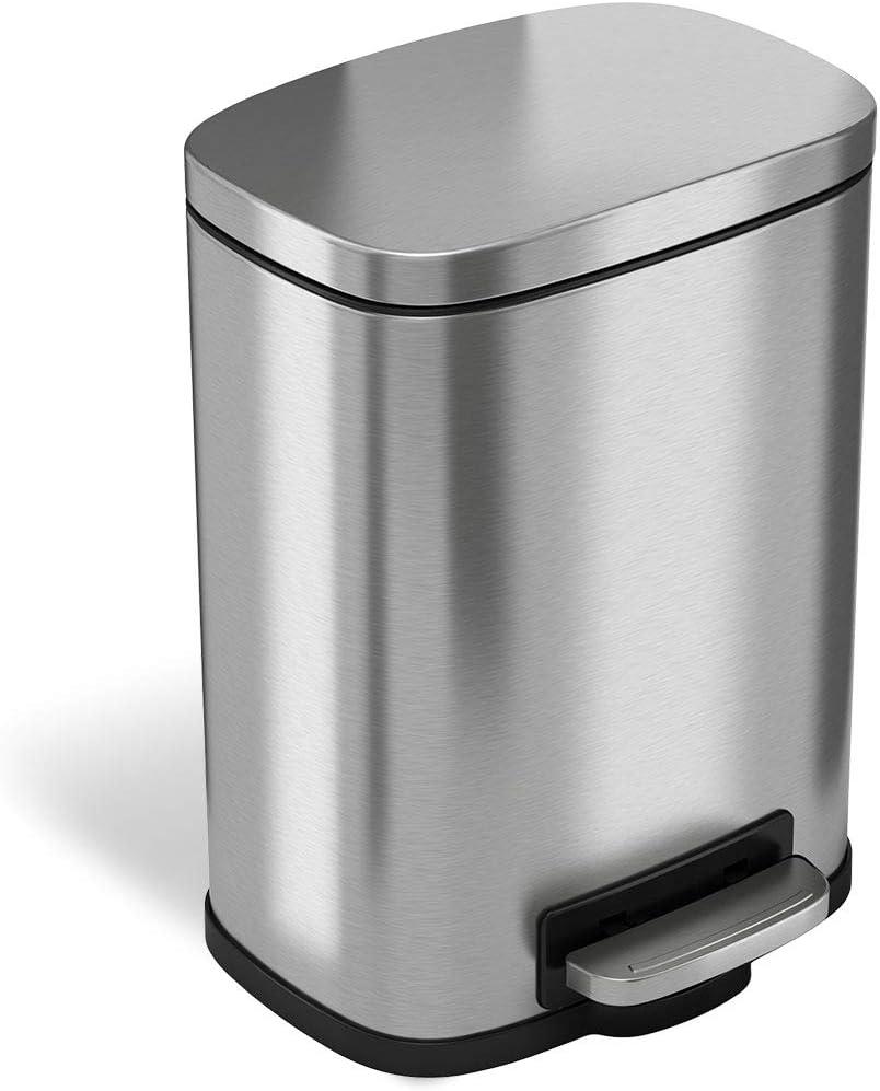 iTouchless SoftStep 1.32 Gallon Small Step Pedal Trash Can, Stainless Steel, 5 Liter Bathroom Garbage Bin, Removable Inner Bucket, Soft and Silent Open and Close