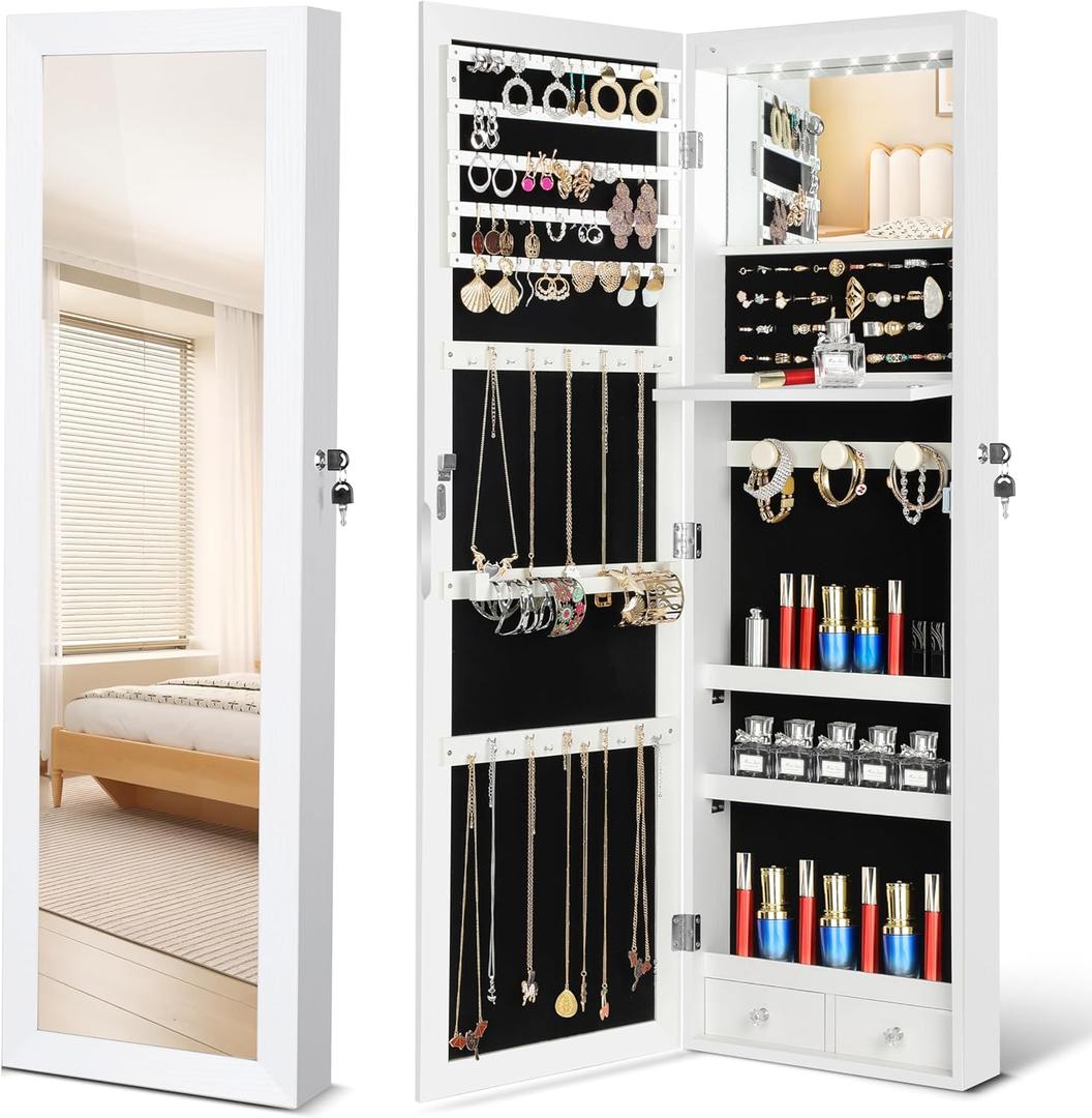 Jewelry Armoire Organizer with Full Length Mirror, Door or Wall Mounted,Lockable Storage Cabinet, Interior Mirror, White