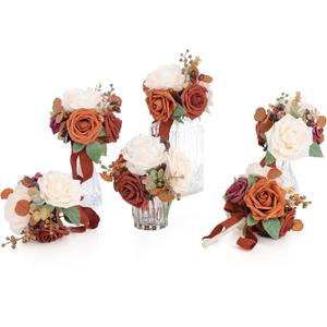 Ling's Moment Burnt Orange Wedding Centerpieces Flowers Mini Bridesmaid Bouquets Set of 6 Terracotta Table Decor Pre-Made Small Floral Fall Wedding Decorations