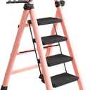 Sturdy Carbon Steel 4-Step Folding Ladder with Convenient Tool Holder, Anti-Slip Wide Pedals for Enhanced Safety -330lbs Capacity Stepladder for Home, Lightweight Portable Ideal for Home, Garage-Pink