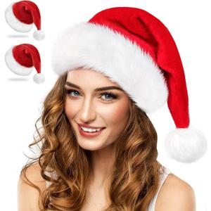 RJVW Christmas Santa Hat for Adults, Thicken Soft Velvet Comfort Classic Santa Claus Hat for New Year Party Headwear Holiday (2 Packs)