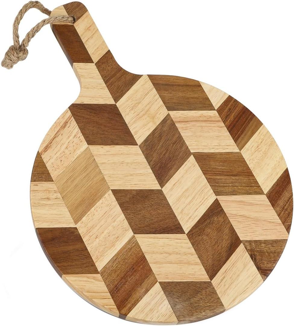 Acacia Wood Round Cutting Board and chopping board with Handle for Meat,Cheese,Vegetables, Bread,Charcuterie - Decorative & Reversible Serving Board for Kitchen and Dining Room - 9.85”x 13.75”