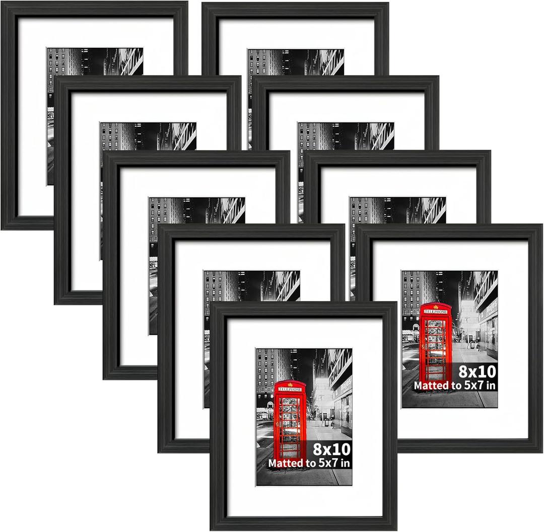 Lavezee 8x10 Picture Frame Set of 9, Made to Display Photos 5x7 with Mat or 8x10 Without Mat for Wall and Tabletop Black Frames