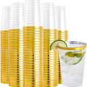 FOCUSLINE 200 Pack 12 oz Gold Rimmed Plastic Cups, Clear Plastic Cups Tumblers, Heavy-duty & Fancy Disposable Hard Cup 12 Ounce with Gold Rim for Wedding Cup Elegant Party Cups, 200 Count