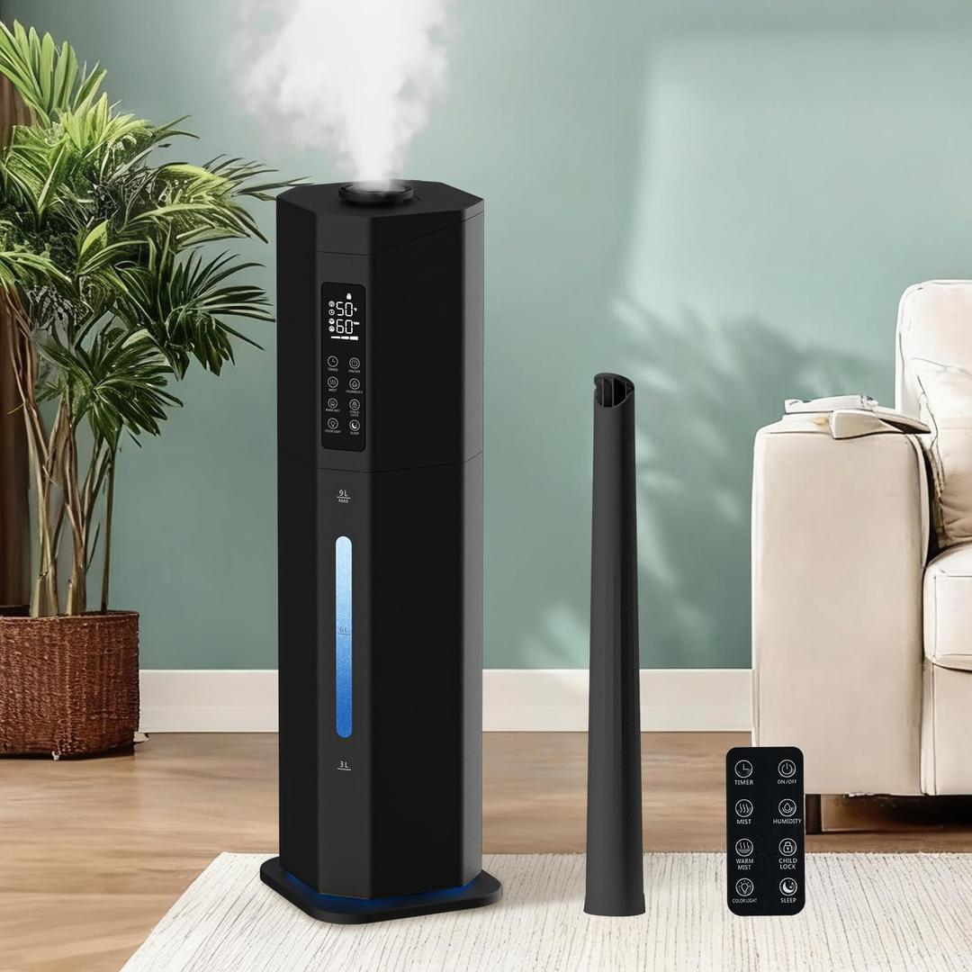 Humidifiers for Bedroom - GloryAir 2.38Gal/9L Top Fill Warm & Cool Mist Humidifier for Large Room 750ft with Auto Mode 7-Color Light, Humidistat, Quiet Humidifier for Plants Baby Adults Home & Office