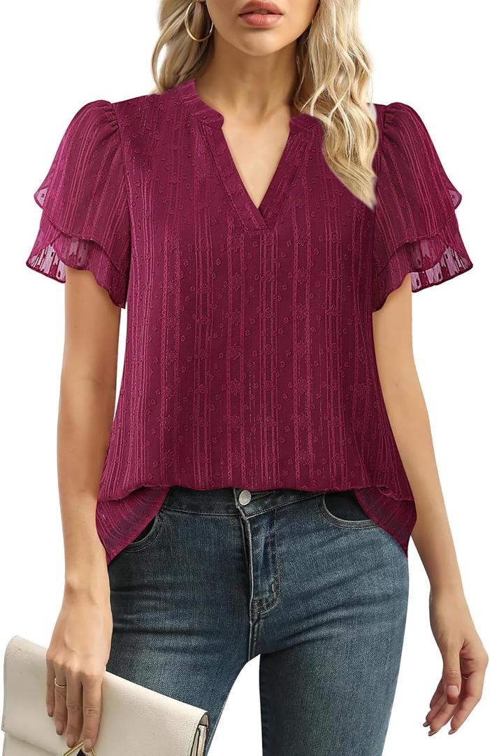 Lotusmile Womens Dressy Chiffon Blouses Summer Puff Petal Short Sleeve Shirts V Neck Casual Work Tops (Medium, Burgundy)