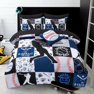 A Nice Night Sports Geometric Grid Black Patchwork Baseball Printed for Boys Full 6Pcs Bed in A Bag Comforter Bedding Set,Blue