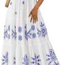 PRETTYGARDEN Summer Dresses for Women 2026 Floral Boho Maxi Spring Casual Short Sleeve V Neck Elastic Waist Dress Pockets (White Blue Flower, X-Large)