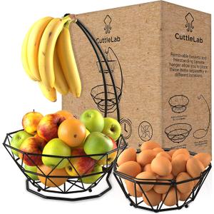 2 Tier Fruit Basket with Banana Hanger and Fruit Bowl. Kitchen Counter Fruit Bowl with Banana Holder used as Bread, Vegetable or Produce Basket, Egg Holder (Black)
