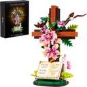 Jesus Cross Flower Building Set, Religious Cross Collectibles Compatible with Lego Jesus Pink Catholic Building Toys,Christian, Gift for Mother Day, Women or Adults (568 PCS)