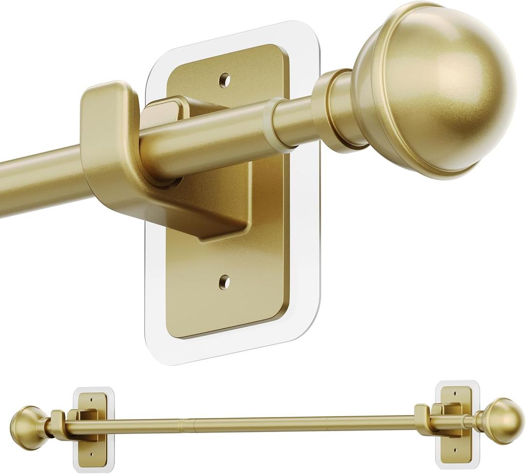ENJOYBASICS No Drill Curtain Rods for Window, 5/8 Inch Diameter Renter Friendly Drapery Rod with Adhesive Brackets without Drilling, Adjustable from 27 to 52 Inches, Gold