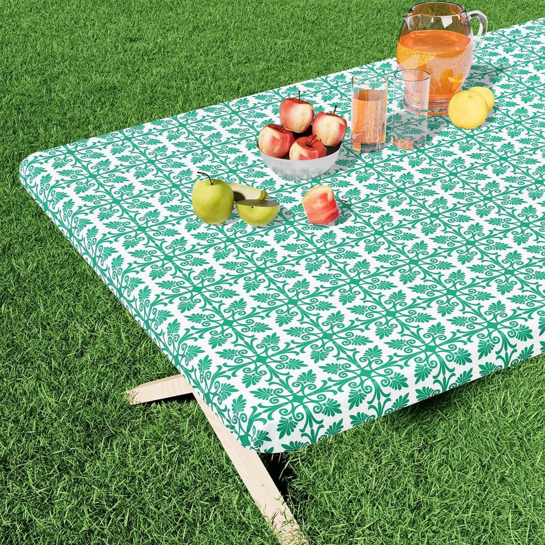 misaya Rectangle Vinyl Table Cloth, Elastic Fitted Flannel Backed Tablecloth, 100% Waterproof Plastic Table Cover Fits 5 Foot Folding Tables for Picnic, Camping, Outdoor (Green, 30" x 60")