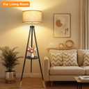 OUTON Wood Tripod Floor Lamp with Shelves, Mid Century Floor Lamp with Remote Control, 4 Color Temperature, LED Modern Dimmable Standing Lamp for Living Room, Bedroom, Office, Black & Gold