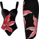 SweatyRocks Women's Floral Print One Piece Control Swimsuit Monokini with Cover Up Beach Skirts Swimwear (Large, Black)