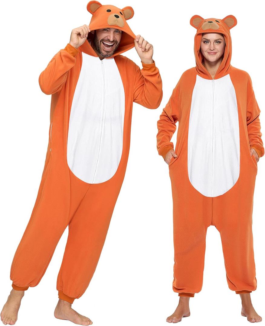 Spooktacular Creations Adults Unisex Pajama, Bear Hooded Jumpsuit Costume with Hat, Zip-Up Hooded Sleepwear for Halloween Cosplay Costume,S