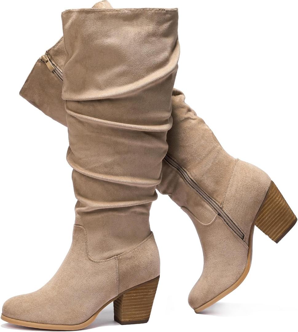Luoika Women's Extra Wide Calf Slouchy Knee High Boots, Wide Width Knee-High Boots Low Stacked Heel Side Zipper Winter Fall Tall Boots. (Beige204)