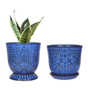 SUCLAIN Orchid Pots with Holes Attached Saucers 6 Inches - 2 Pcs Small Ceramic Pots for Repotting, Decorative Ceramic Orchid Planter with Hole for Healthy Root Growth Blue Purple