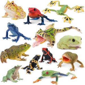 Toymany Frog Toy Figures, Plastic Rainforest Woodland Animals Toy Frogs Set with Realistic Poison Dart Frog, Cake Topper Party Favor Garden Flowerpot Plants Decor