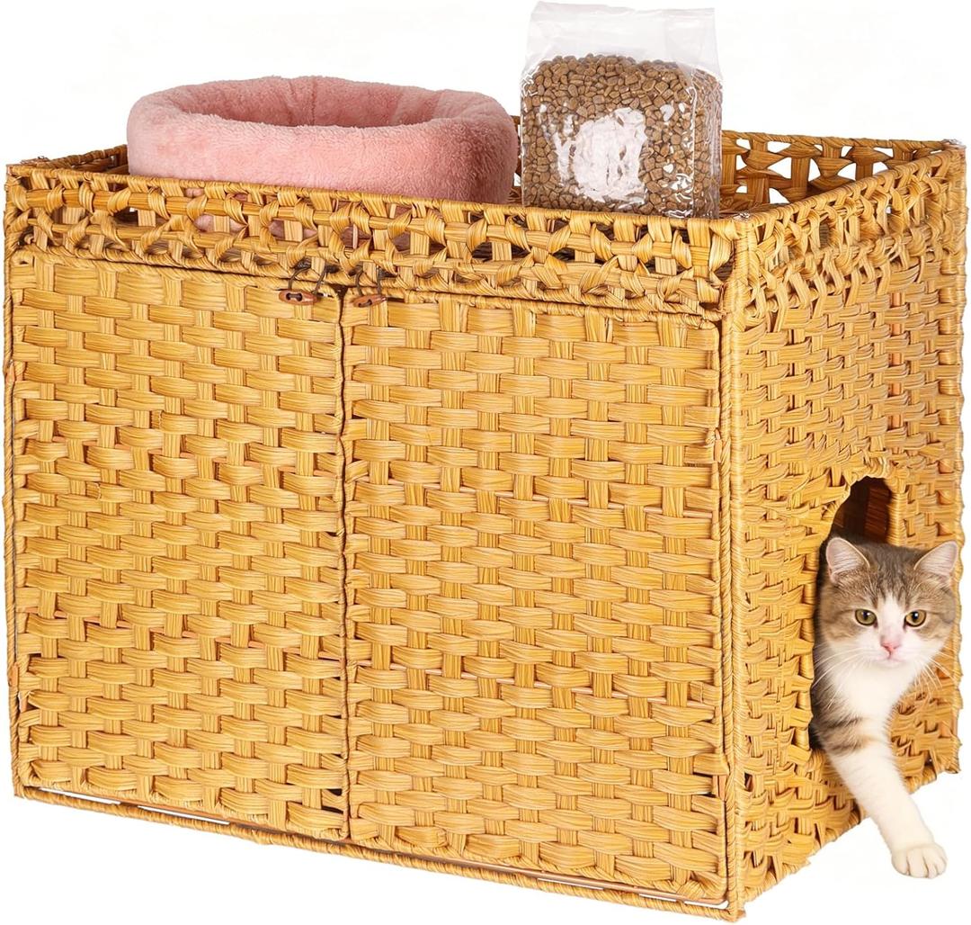 SZEE Cat Litter Box Enclosure Furniture, Hidden Litter Box with Mat, Handwoven Rattan Cat Houses for Indoor/Outdoor Cats, Large Litter Box Enclosure with 12 Edge for Living Room/Bedroom/Washroom
