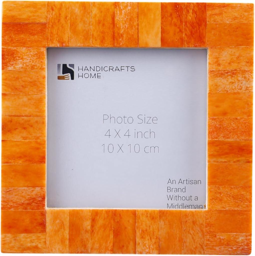 Handicrafts Home 4 by 4 Orange Picture Frame  Handmade Rustic Photo Frame for Shelf Decor, Bone inlay Frames for Desk & Bedroom Decor, Perfect for Home Decor, Wedding, Graduation, Or Milestone Photos