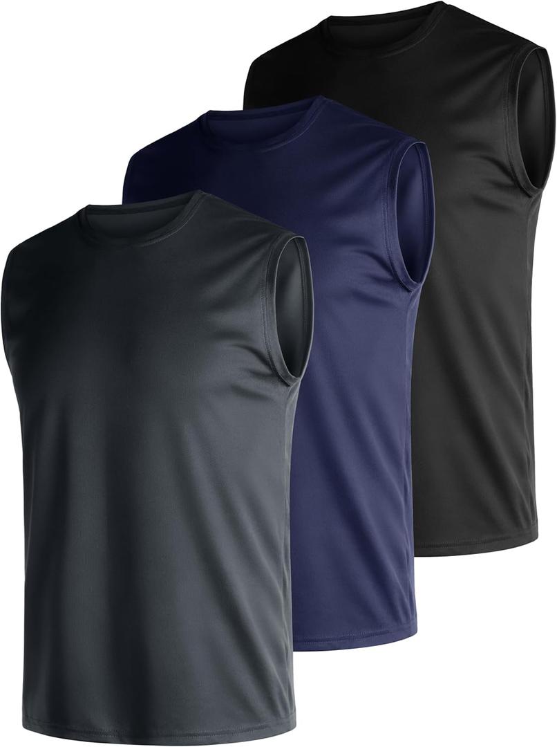 Mens 3 Pack Quick Dry Tank Tops, Moisture Wicking, Mesh Lightweight T-Shirts, Athletic Weightlifting Sleeveless (Black/Navy Blue/Dark Gray)