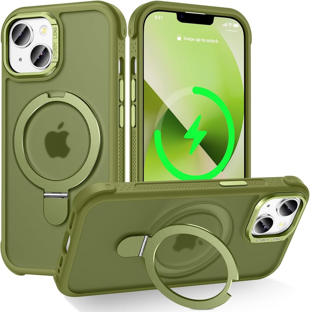 Designed for iPhone 13/14 Case with Magnetic Stand, [Military Drop Protection][Great Grip Feeling] Matte Translucent Back Slim Shockproof Phone Cover for iPhone 13/14 6.1", Olive