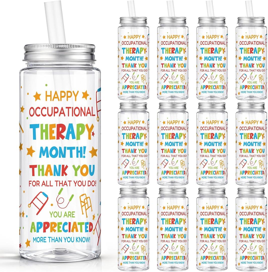 Vesici 24 Pcs 14.2oz Occupational Therapy Month Gifts OT Month Tumbler with Lid and Straw Plastic Reusable Tumbler Bulk Inspirational Gifts Cold Drinking Cup for Women Men Coworker Stuff