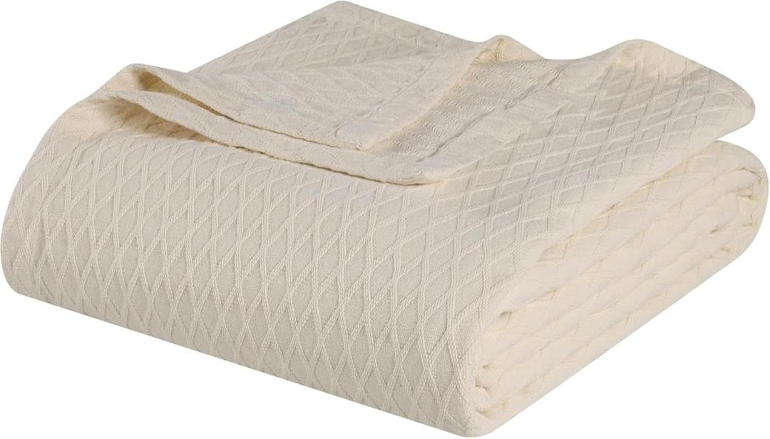Superior Diamond Weave All-Season Cotton Blanket, Cover for Home, Couch, Bed, Soft, Warm Blankets, Boho Aesthetic, Comfy, Cozy, and Cute Covers, Decorative Bedding Essentials, Throw Size, Ivory