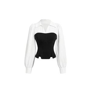 MakeMeChic Women's Long Sleeve Work Blouse Casual Color Block V Neck Split Dress Shirt Black and White X-Large