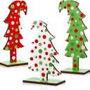 Meooeck 3 Pcs Lime Green Wood Christmas Tree Tabletop Bendable Christmas Tree Small Decor Farmhouse Standing with Rectangular Base for Home Office Tabletop Decor(Polka Dot)