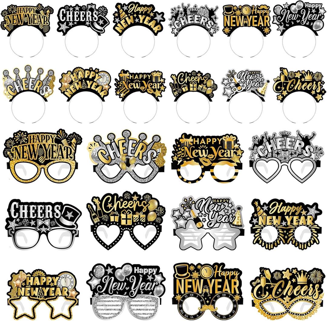 48 Pcs Happy New Year Party Favor 2026 Eyeglasses Headband Tiara Black Gold New Year Eve Party Supplies Decoration(Novel Style)