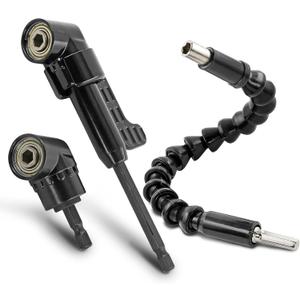Black 105 Degree Right Angle Drill Bit Holder, 1/4" Hex Shank Driver and Flexible Angle Extension Bit Kit for Screwdriver & Drill