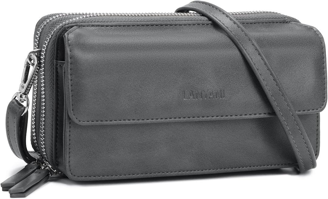 Lanyani RFID Crossbody Wallet Wristlet Purse with Phone Pocket For Women Vegan Leather (B-retrro Grey)