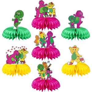 Barney Party Decorations Honeycomb Centerpiece, 7 Pieces Barney Purple Dinosaur Theme  Side Cake Toppers Table Centerpieces, Barney Photo Backdrop for Fans Birthday Party Decorations