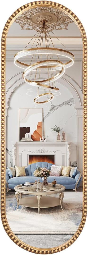 Oval Full Length Mirror, 20"x53" Metal Beaded Frame Large Hanging Dressing Floor Mirror for Bedroom, Living Room, Entryway, Antique Gold (No Stand)