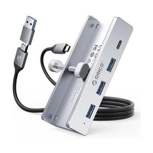 ORICO USB Hub 3.0, Clamp USB Hub with Extra Power Port, 3 USB-A Data Ports, USB-C Port for Monitors, Desks(Silver)
