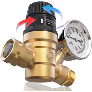 RV Water Pressure Regulator with Adjustable Handle, Upgraded Brass Lead-Free RV Water Pressure Regulator with Gauge, Fit for RV Water Pressure Adjust
