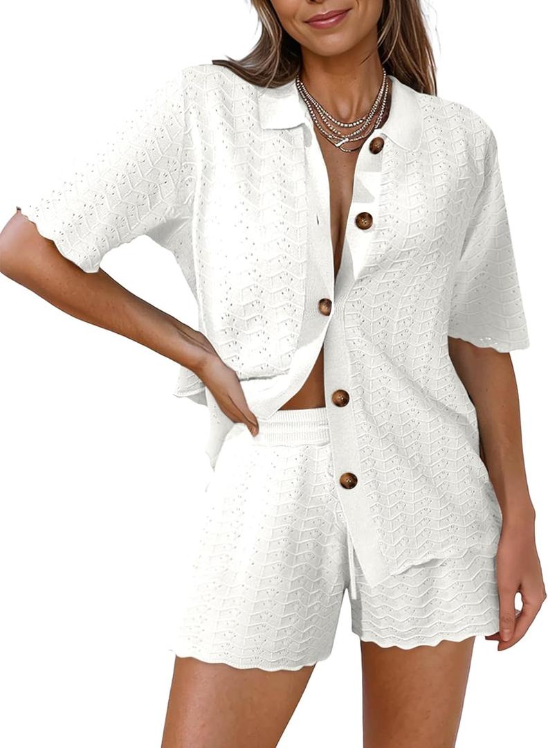 Pink Queen Women Knit Shorts Set 2 Piece Outfits Short Sleeve Button Down Sweater Top and Shorts Lounge Set (White, L)