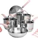 Paris Hilton Stainless Steel Pots and Pans Set with Stay-Cool Pink Handles, Tempered Glass Lids, Bonus Heart Shaped Measuring Cups and Spoons, Dishwasher Safe Cookware, 10-Piece Set